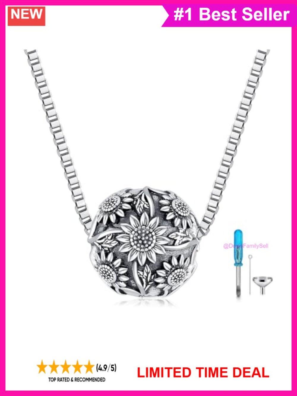 Sunflower Urn Necklace for Ashes Stainless Steel Memorial Keepsake Pendant